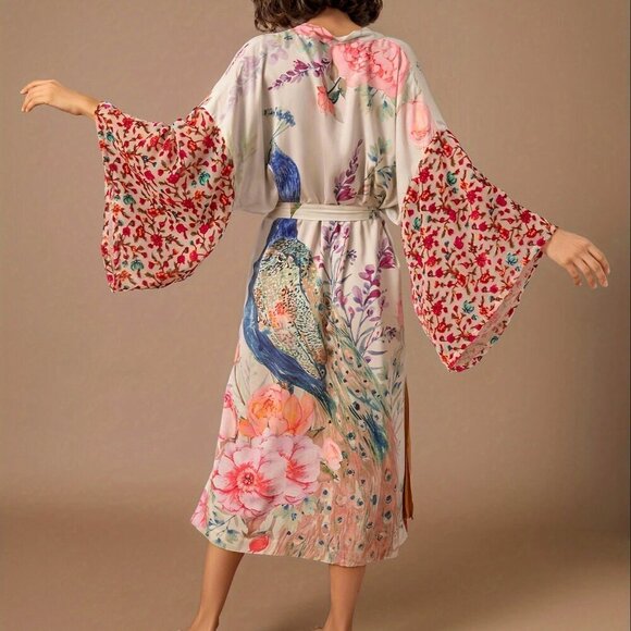 Women's Printed Beach Smock Peacock Pattern Printed Belt kimono robe - Picture 2 of 5